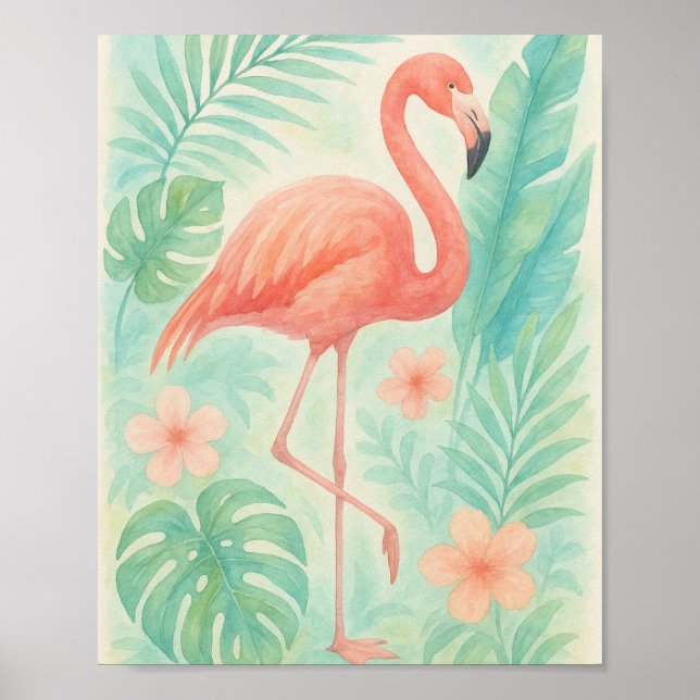 Tropisches Aquarell Rosa Flamingo | Exotic Botanic Poster (Vorne)