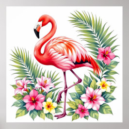 Tropisches Aquarell Rosa Flamingo Floral Hawaiian Poster
