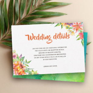 Tropisches Aquarell Sommerhochzeit Details Karte