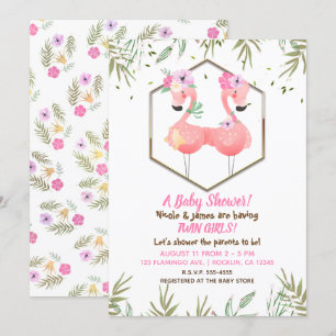 Tropisches Aquarell Zwei Rosa Flamingos Baby Showe Einladung