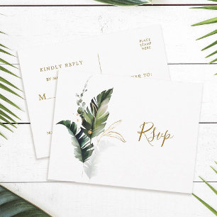 Tropisches Aquarellblatt Gold Hochzeit RSVP Einladungspostkarte