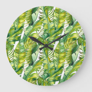Tropisches Banana-Blätter Wasserfarbenmuster Große Wanduhr