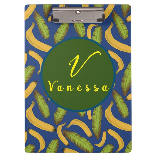 Tropisches Banana Blue Leaf Monogram Script Klemmbrett (Vorderseite)