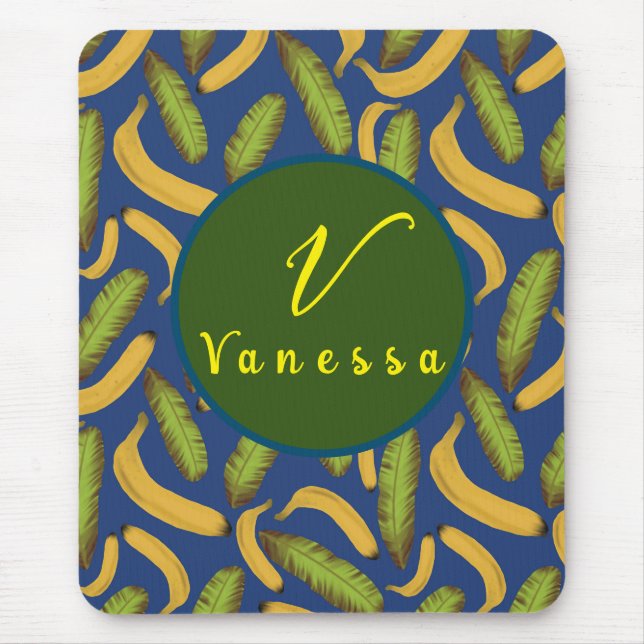 Tropisches Banana Blue Leaf Monogram Script Mousepad (Vorne)