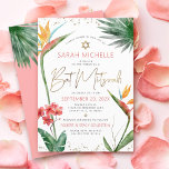 Tropisches Bat Mitzvah Floral Watercolor Goldenes  Einladung<br><div class="desc">Seien Sie stolz, freuen Sie sich und präsentieren Sie diesen Meilenstein Ihres Lieblings-Bat Mitzvah mit dieser raffinierten, personalisierten Einladung! Stilvolle, atemberaubende, farbenfrohe, tropische Wasserfarbenvögel paradiesischer Blume, Imitate goldgeschriebene Schrift, Star of David und Glitzer Punkte, zusammen mit dunklem Rose rosa und graue moderne Sans Serif Typ, überlagern einen weißen Hintergrund. Zusätzliche...</div>
