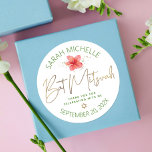 Tropisches Bat Mitzvah Watercolor Floral Gold Scri Runder Aufkleber<br><div class="desc">Seien Sie stolz, freuen Sie sich und feiern Sie diesen Meilenstein Ihres Lieblings-Bat Mitzvah, wenn Sie diesen raffinierten, personalisierten Aufkleber verwenden! Eine stilvolle, atemberaubende, farbenfrohe, tropische Aquarellplumeria-Blume, Imitate goldgeschriebene handgeschriebene Schrift, Star of David und Glitzer Punkte, zusammen mit dem Frühling grünen modernen Sans Serif Typ, überlagern einen weißen Hintergrund. Personalisieren...</div>