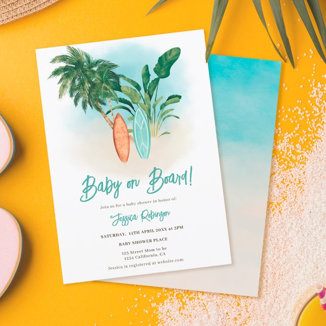 Tropisches Beach Baby an Bord Surf-Babydusche Einladung (Von Creator hochgeladen)