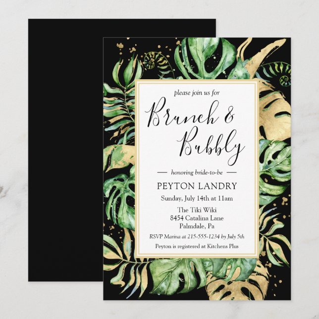 Tropisches Black Gold Brunch Bubbly Brautparty Einladung (Vorne/Hinten)