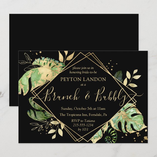 Tropisches Black & Gold Brunch Bubbly Brautparty Einladung (Vorne/Hinten)