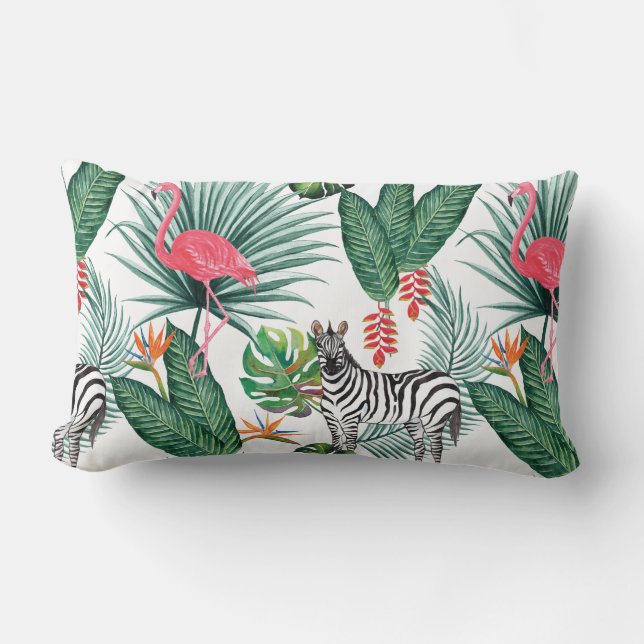 Tropisches Blatt-Aquarell modernen Flamingo Zebra Lendenkissen (Vorderseite)