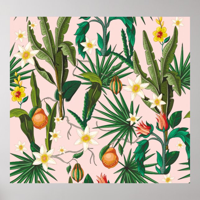 Tropisches Blatt, Blume, Fruchtmuster. Poster (Vorne)
