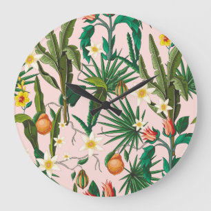 Tropisches Blatt-, Blumen- und Fruchtmuster. Große Wanduhr