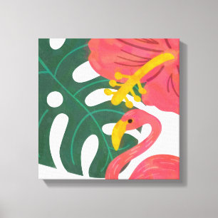 Tropisches Blatt, Hibiskusblüte & Flamingo Leinwanddruck