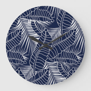 Tropisches Blatt, marineblau Große Wanduhr
