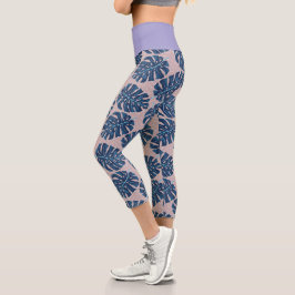 Tropisches Blatt Monstera Grau Blau Capri Leggings