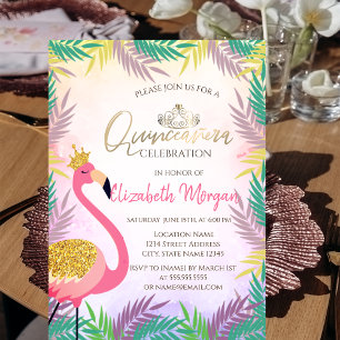 Tropisches Blatt Rosa Flamingo Quinceañera Einladung