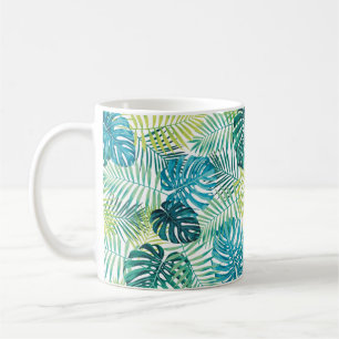Tropisches Blattdesign mit grüner/blauer Palme und Kaffeetasse