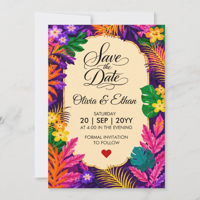Tropisches Blätter Blumen-Design  Save The Date (Vorderseite)