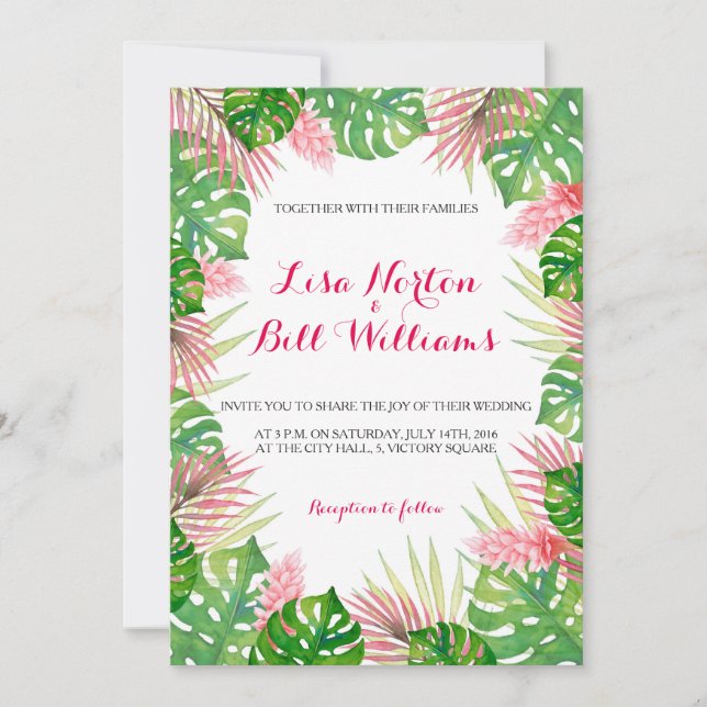 Tropisches Blätter Hochzeitsfeier Einladung (Vorderseite)