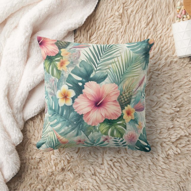 Tropisches Blätter mit Blumen und Palmen Kissen (Decke)
