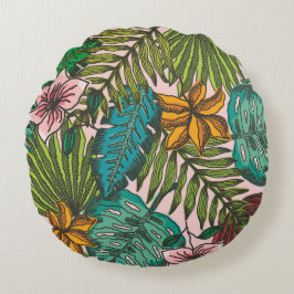 Tropisches Blätter-Muster - Boho-Blumendekor Rundes Kissen