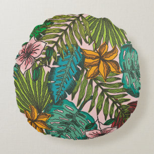 Tropisches Blätter-Muster - Boho-Blumendekor Rundes Kissen