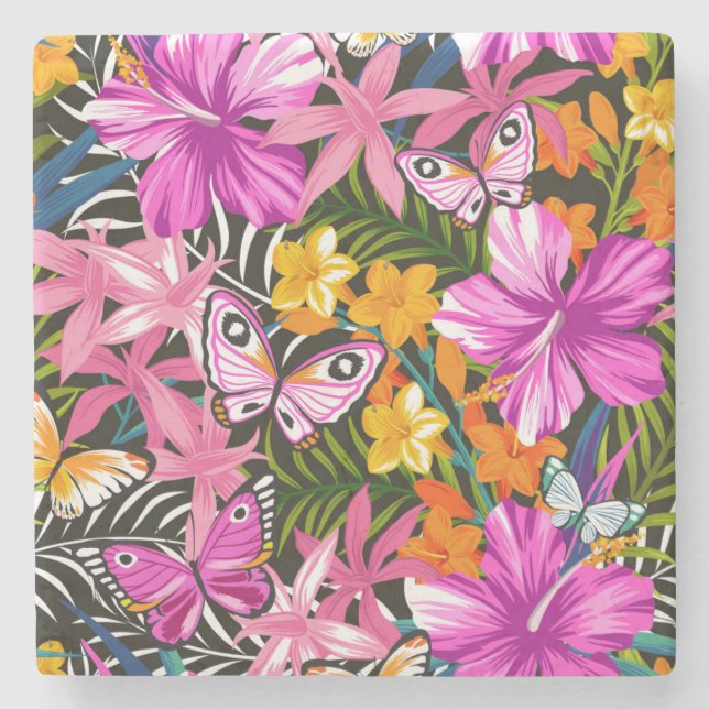 Tropisches Blätter und Blumen Steinuntersetzer (Vorderseite)