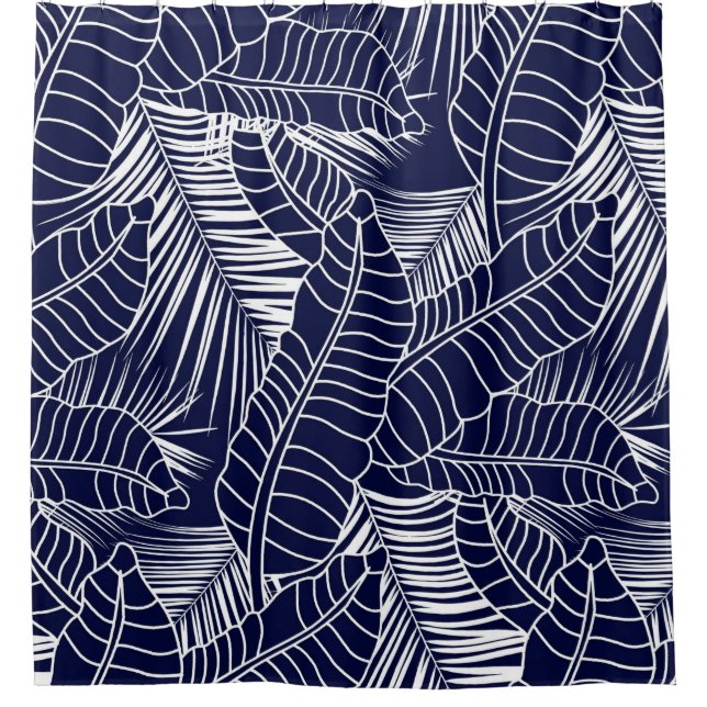 tropisches Blattmuster auf marineblau Hintergrund Duschvorhang (Vorderseite)