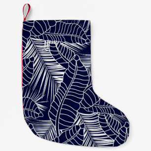tropisches Blattmuster auf marineblau Hintergrund Kleiner Weihnachtsstrumpf