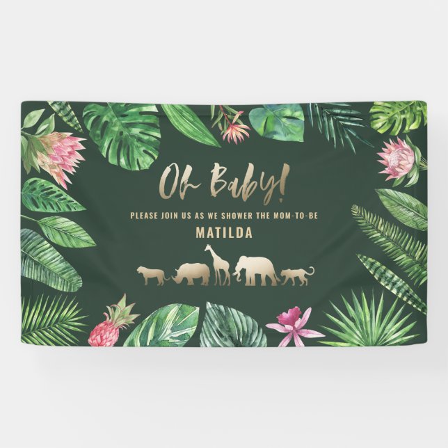 Tropisches Blattwerk + Goldtiere Babydusche Party Banner (Horizontal)