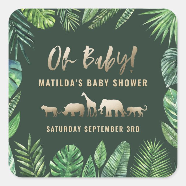 Tropisches Blattwerk + Goldtiere Babydusche Party Quadratischer Aufkleber (Vorderseite)