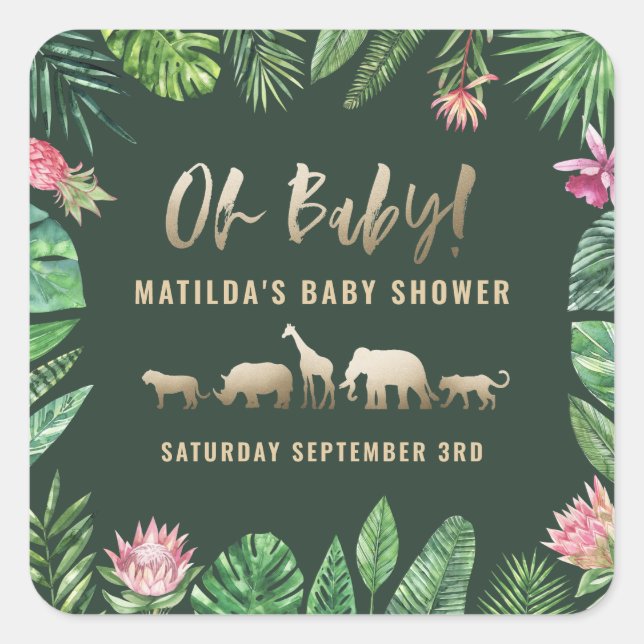 Tropisches Blattwerk + Goldtiere Babydusche Party Quadratischer Aufkleber (Vorderseite)