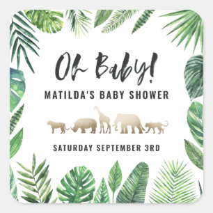 Tropisches Blattwerk + Goldtiere Babydusche Party Quadratischer Aufkleber