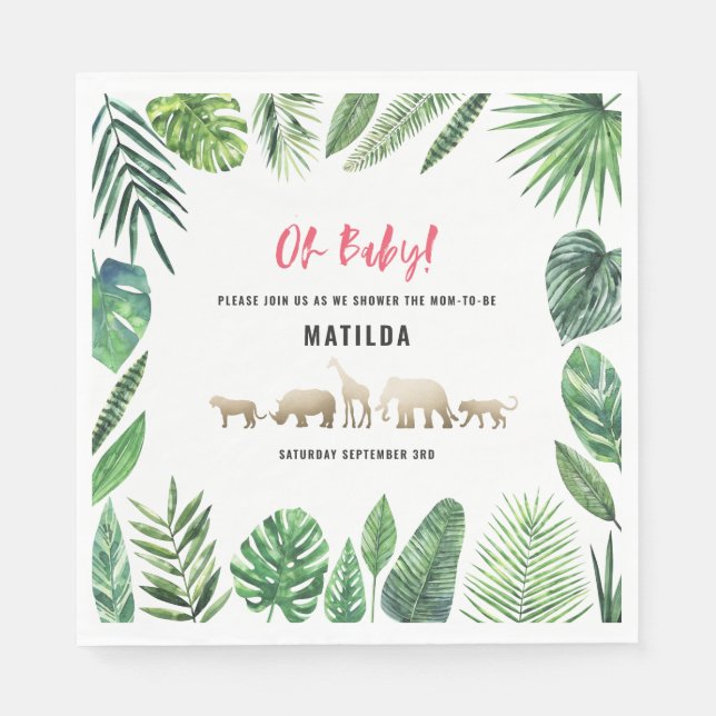 Tropisches Blattwerk + Goldtiere Babydusche Party Serviette (Vorderseite)