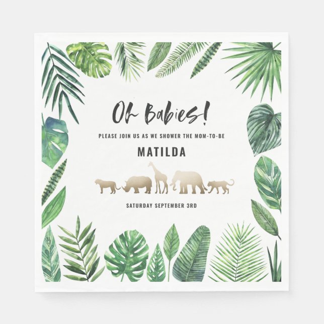 Tropisches Blattwerk + Goldtiere Babydusche Party Serviette (Vorderseite)