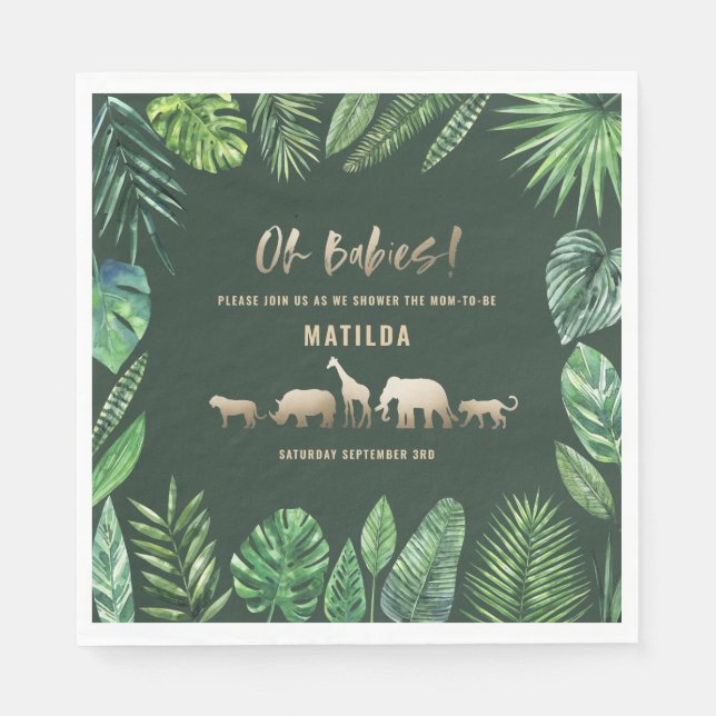 Tropisches Blattwerk + Goldtiere Babydusche Party Serviette (Vorderseite)