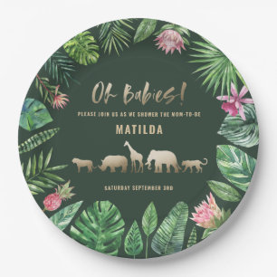 Tropisches Blattwerk + Goldtiere, zwei Babyduschen Pappteller