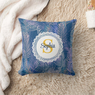 Tropisches Blau & Lila Palmwedel Monogramm Name Kissen