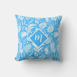 Tropisches blaues Blumenmuster Diamant-Monogramm Kissen