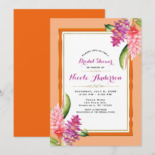 Tropisches Blumen-Korallen-Orange- und Gold-Hochze Einladung