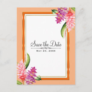 Tropisches Blumen-Korallen-Orange und Gold Save-th Ankündigungspostkarte
