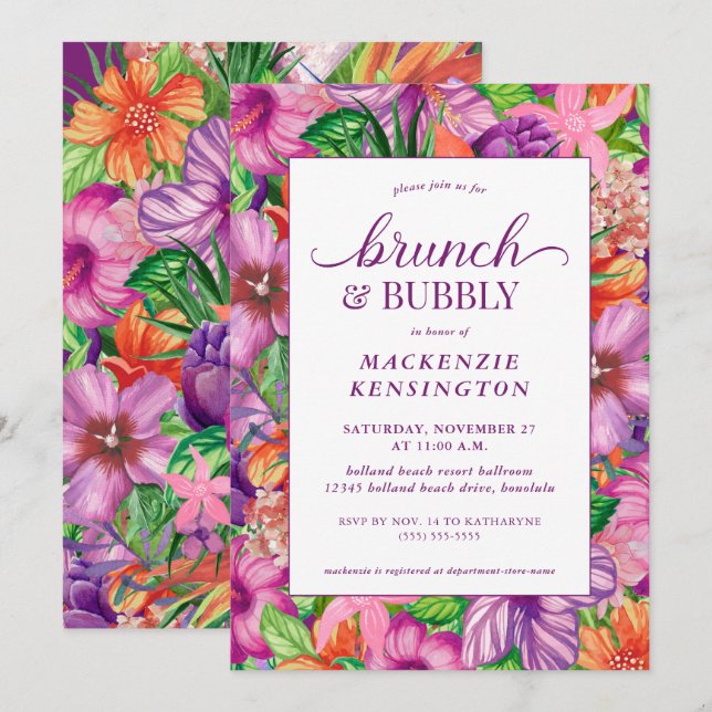 Tropisches Blumenbrunch Bubbly Brautparty Einladung (Vorne/Hinten)