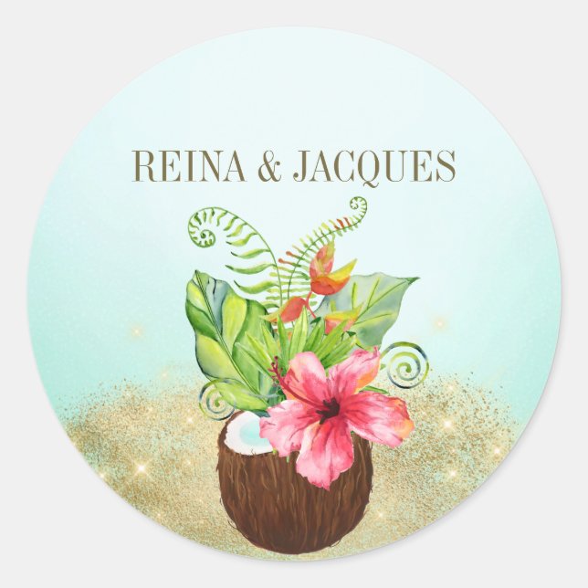 Tropisches Blumencoconut Palm Hochzeitsticker für  Runder Aufkleber (Vorderseite)