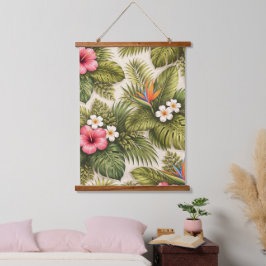 Tropisches Blumenmuster – Hibiskus, Monstera  Wandteppich Mit Holzrahmen
