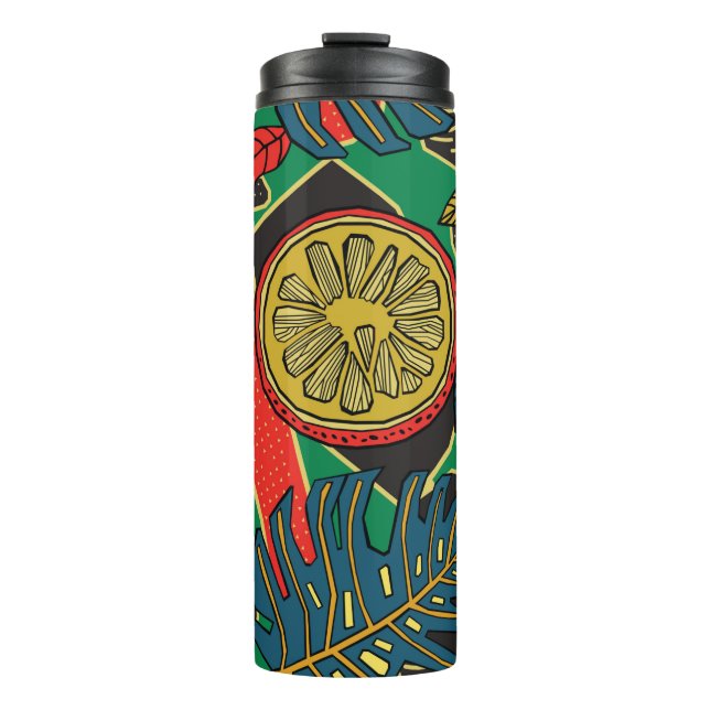 Tropisches Blumenmuster im Doodle-Stil mit Früchte Thermosbecher (Vorderseite)
