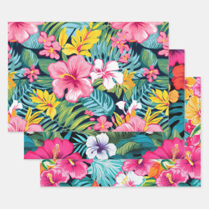 Tropisches Blumenmuster mit Hibiskus und Plumerie Geschenkpapier Set