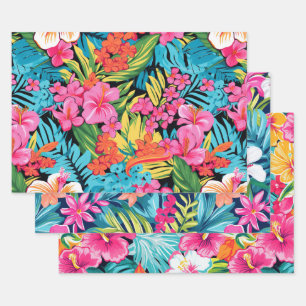 Tropisches Blumenmuster mit Hibiskus und Plumerie Geschenkpapier Set