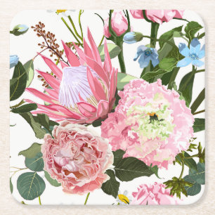 Tropisches Blumenmuster mit rosa Blume. Rechteckiger Pappuntersetzer