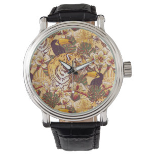 Tropisches Blumenmuster mit Tiger Armbanduhr
