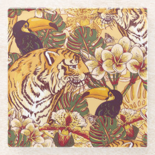 Tropisches Blumenmuster mit Tiger Glasuntersetzer